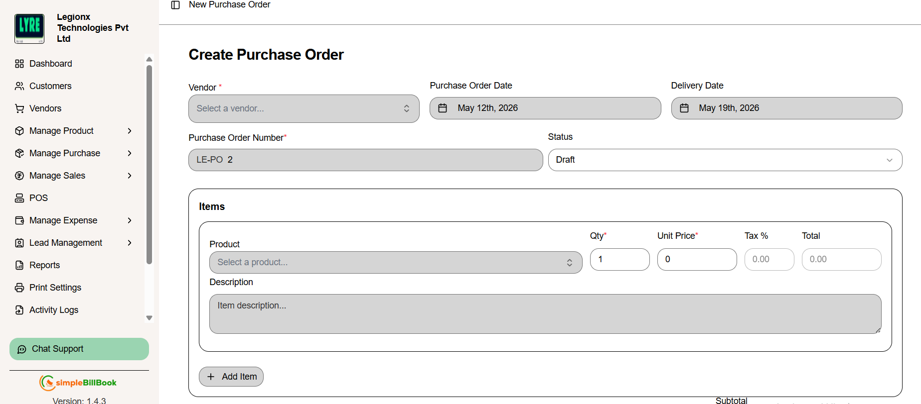 New Purchase Order Form