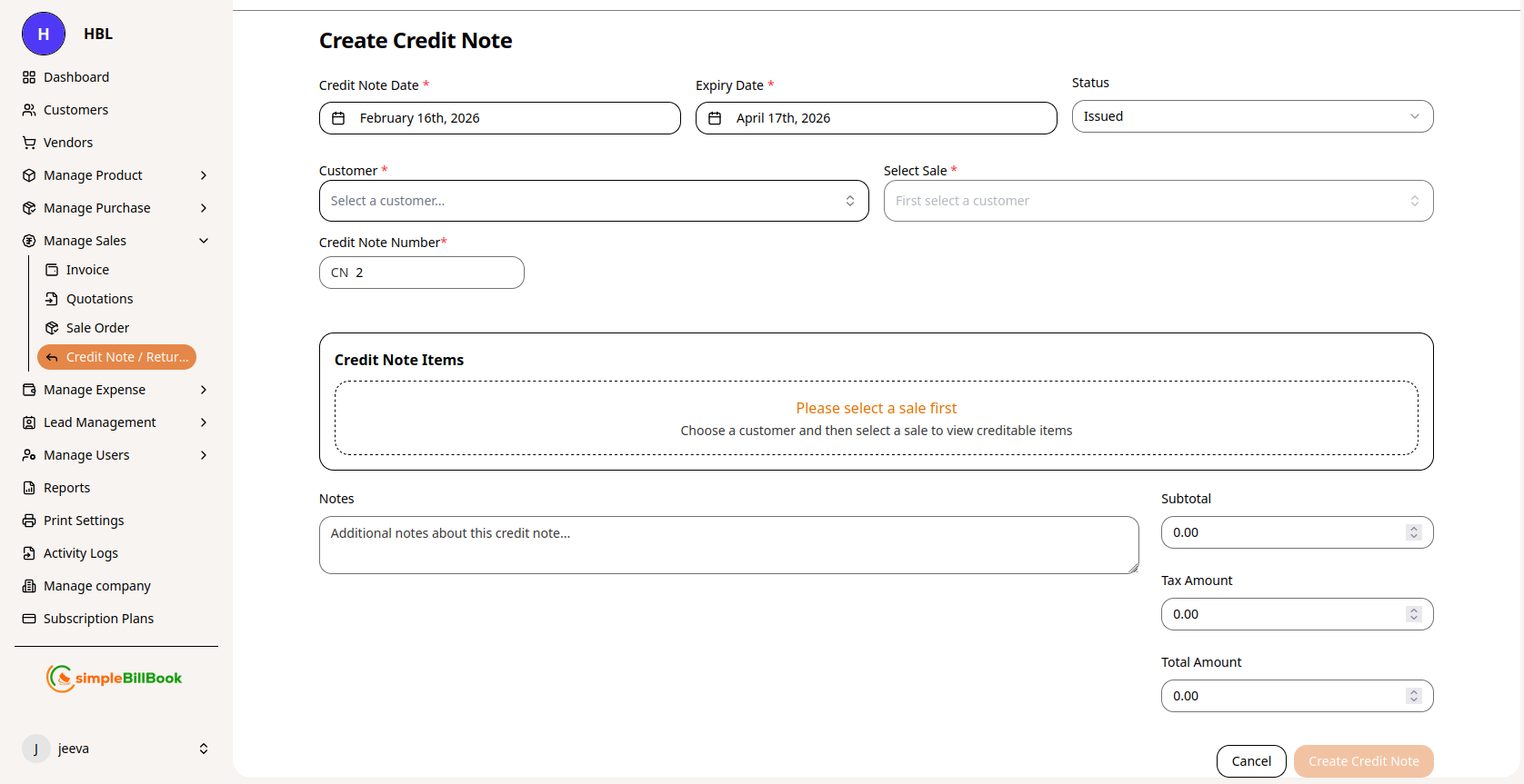 Create Credit Note Form