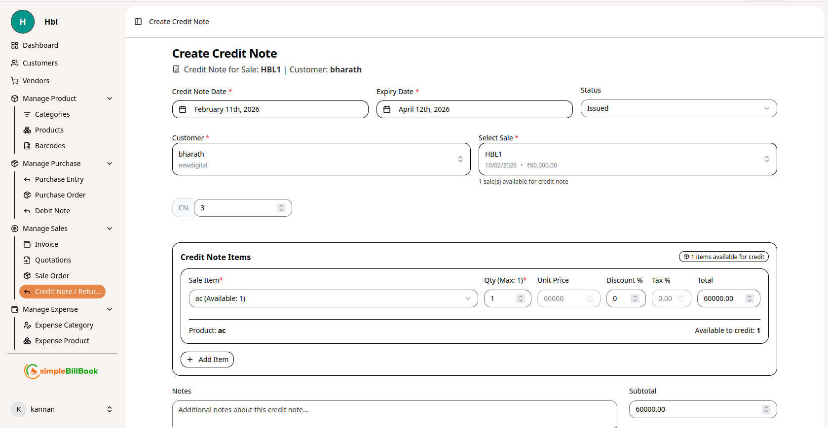 Create Credit Note Form