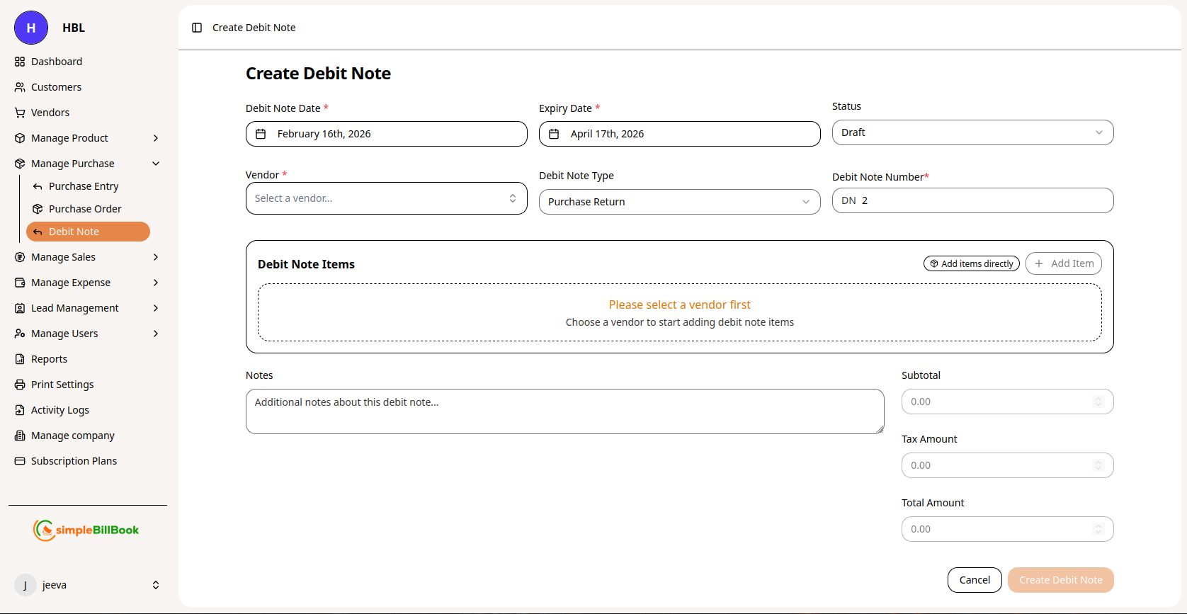 Create Debit Note Form