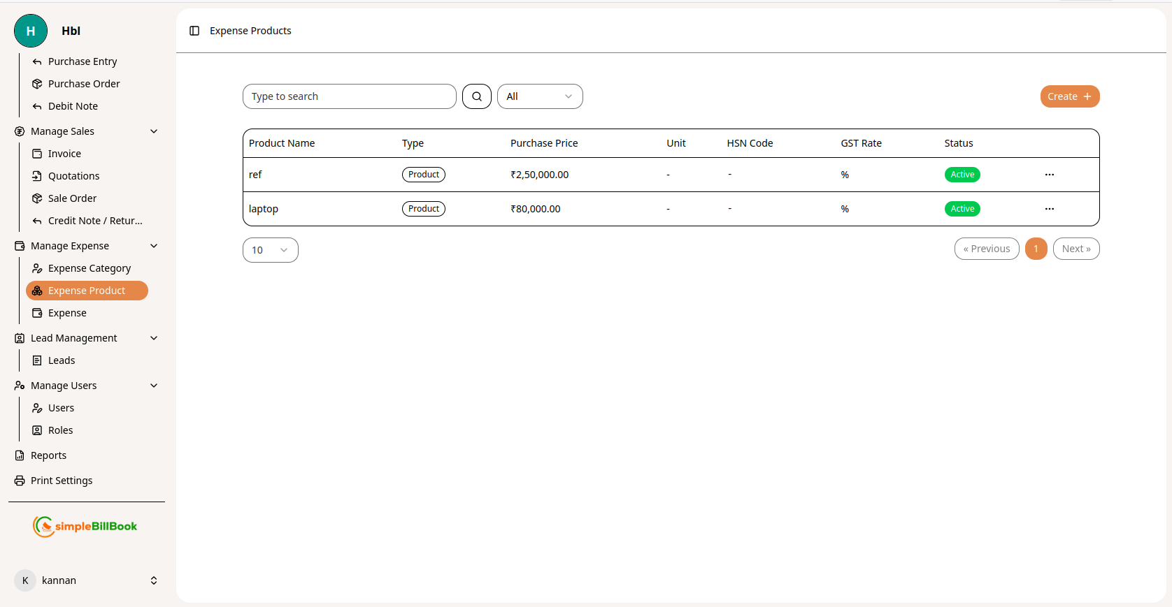 Expense Products List