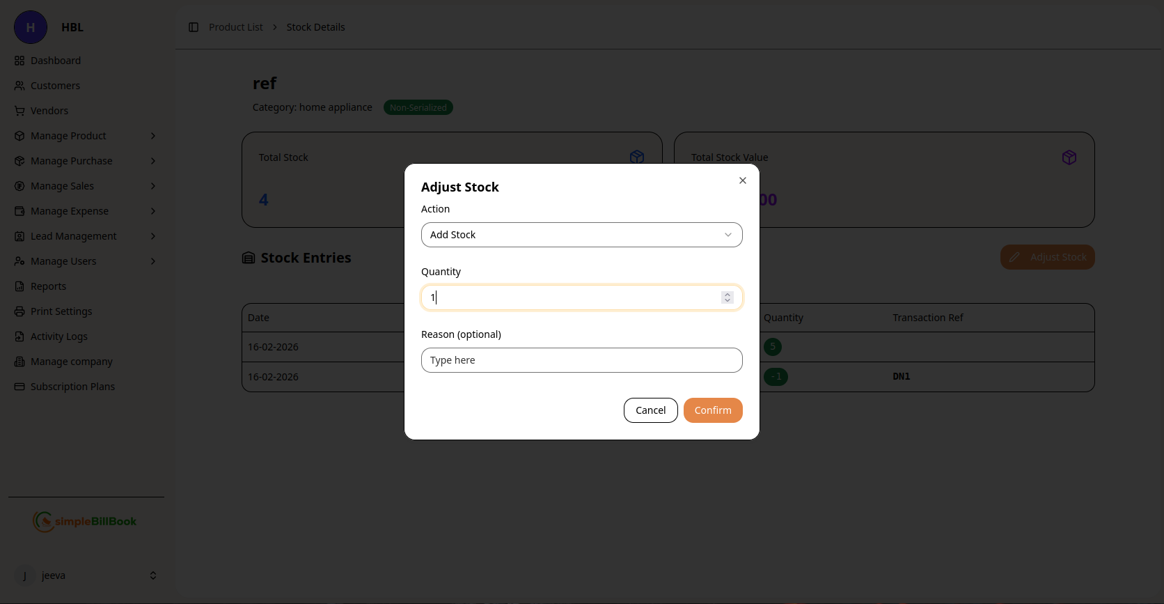 Stock Adjustment Form