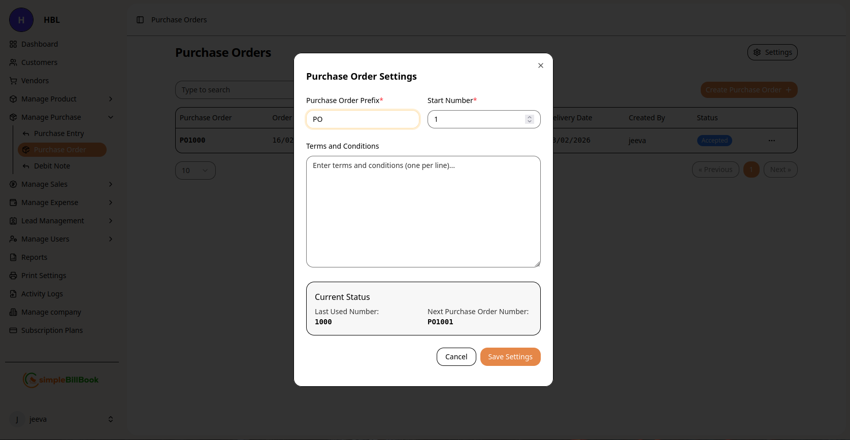 Purchase Order Settings
