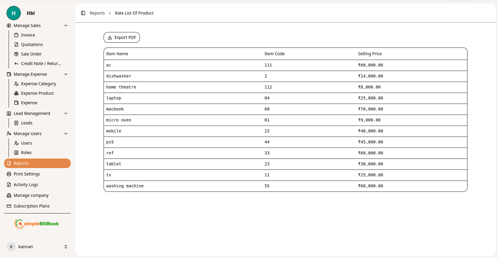 Rate List of Products