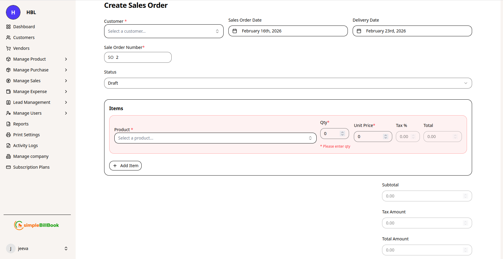 New Sales Order Form