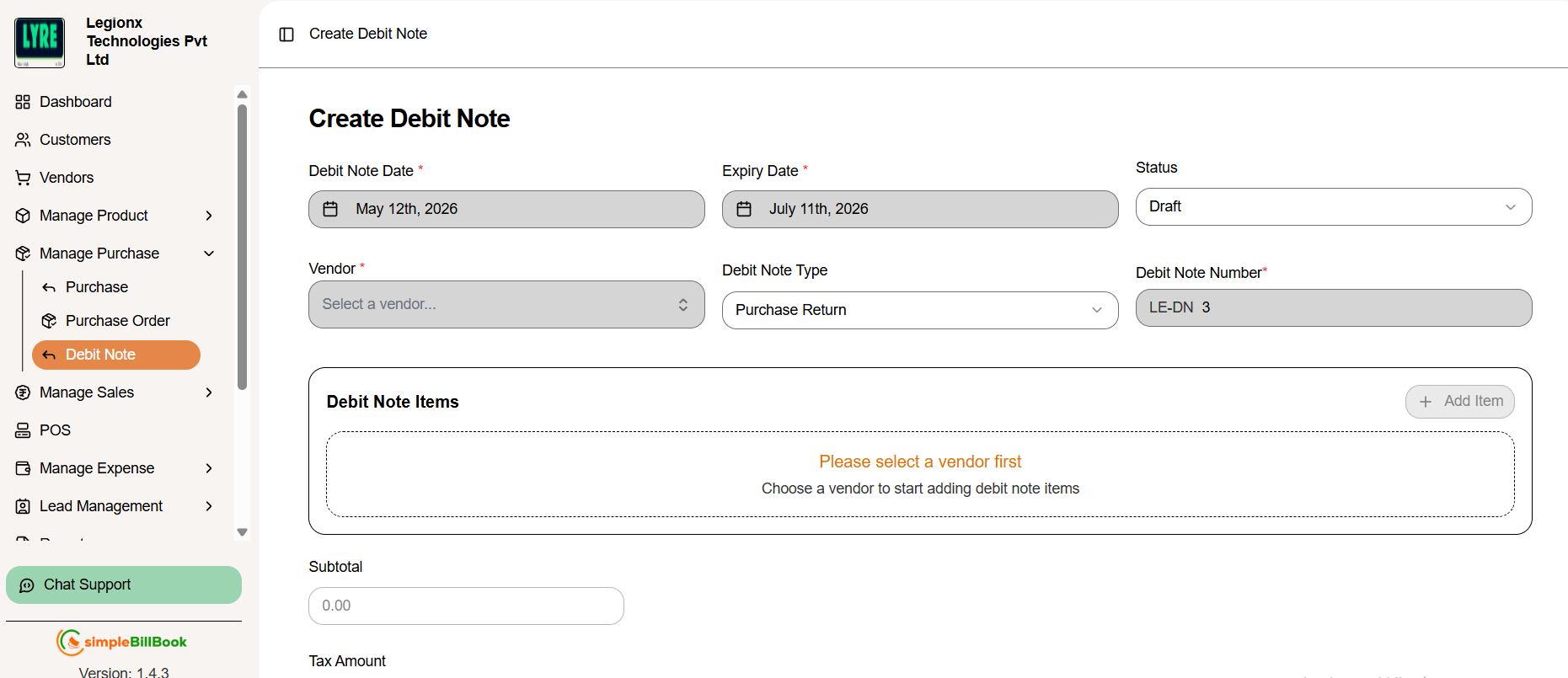Create Debit Note Form